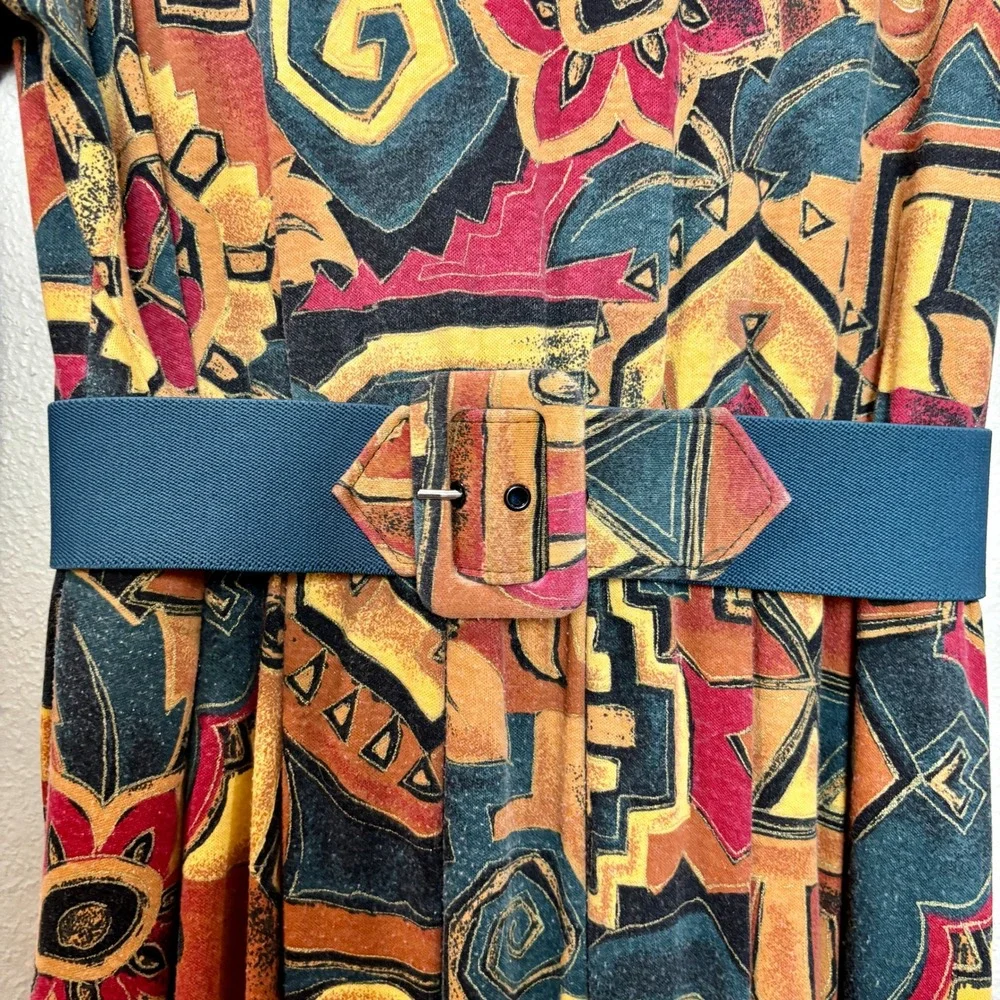 Sabino Vintage 80s‎ Midi Dress Abstract Print Belted Long Sleeve Size 6 Bohemian - Picture 3 of 16